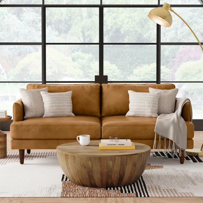 Simpli Home Livingston Genuine Leather Sofa Mid-Century Modern Couch for Living Room,Handcrafted with Removable Cushions