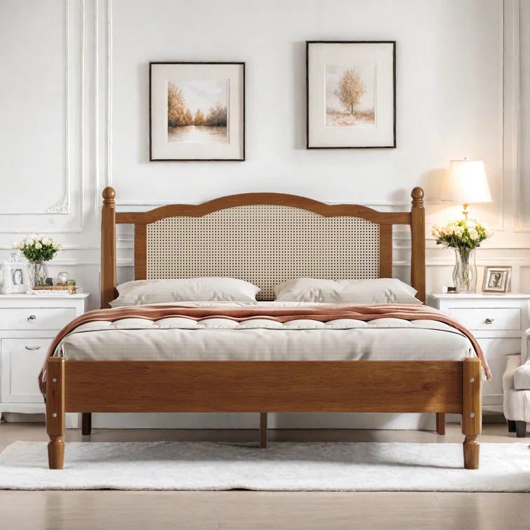 Velvetvanguards Bohemian Wooden Platform Bed With Natural Rattan Headboard And Arc Design