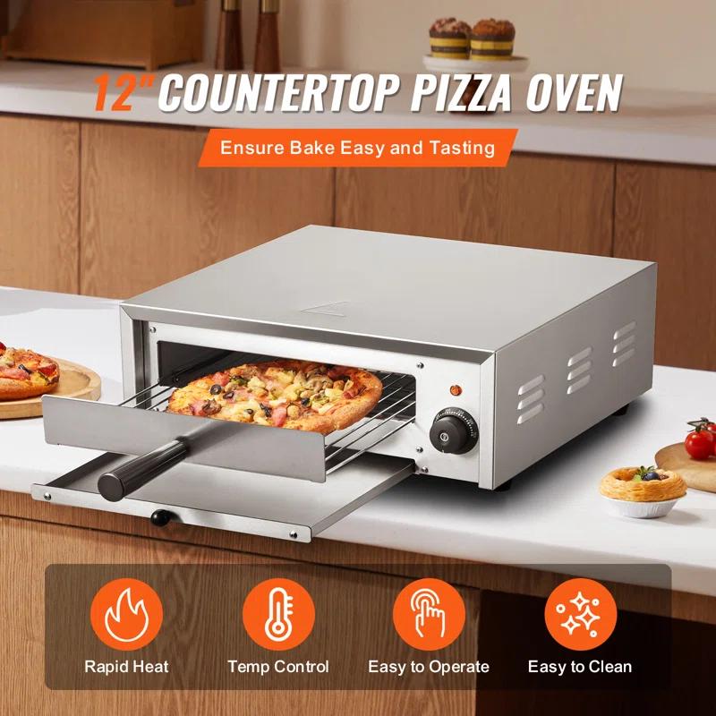 VEVOR Electric Pizza Oven 12-inch 1500W 122-662℉ Temp Range Removable Crumb Tray