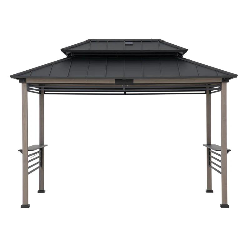 Sunjoy Sunjoy Wooden Grill Gazebo with Solar Power, 8 x 12 ft. Hardtop Gazebo for Year-Round Grilling, Outdoor Cedar Frame Cooking Shelter with Decorative Fence for Backyard BBQs Party