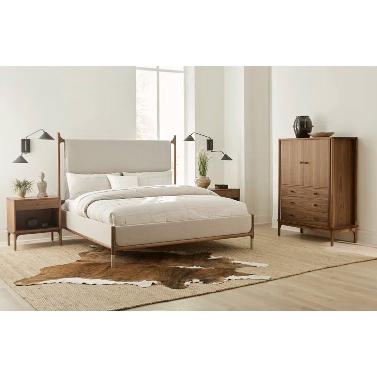 King Walnut and Beige Upholstered Wood Bed with Headboard