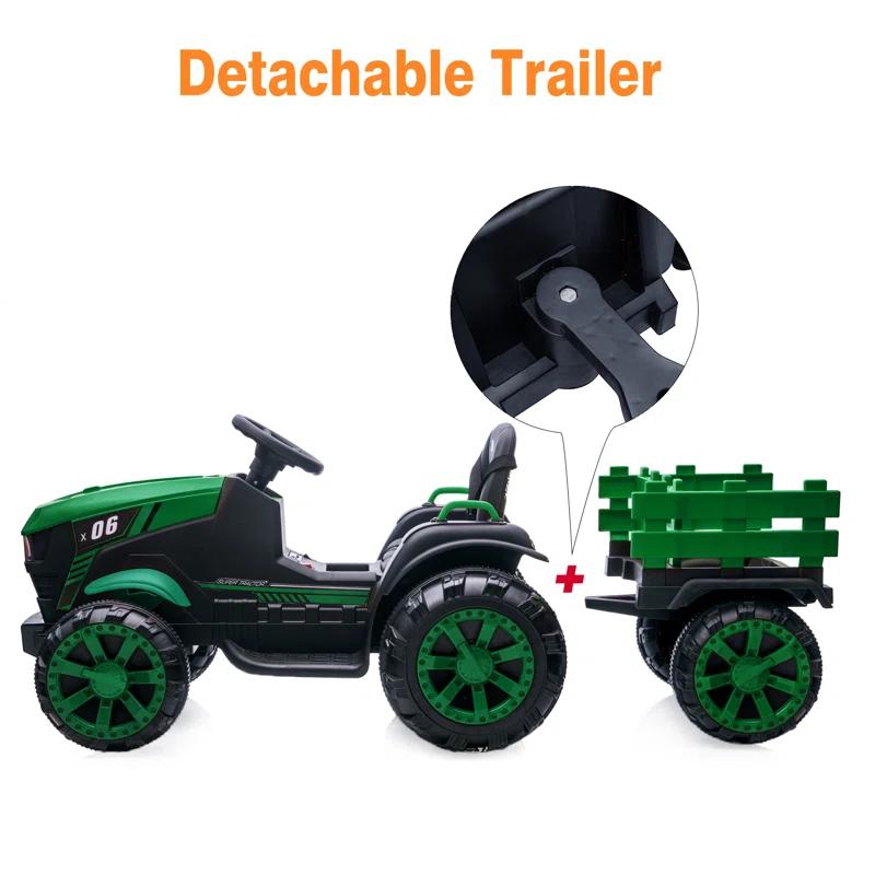 Yesurprise 12v Kids Ride On Tractor With Trailer Battery Powered Electric Vehicles Toy With 35w Dual Motor Remote Control 6 Wheels Led Lights Music