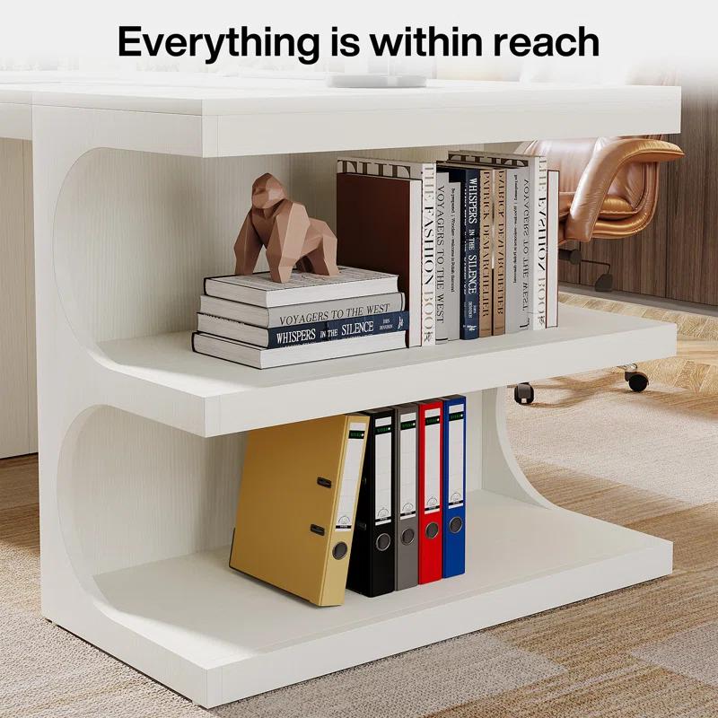 Ivy Bronx 62" White Computer Desk For Home Office, Modern Executive Office Desk with  Storage Shelves