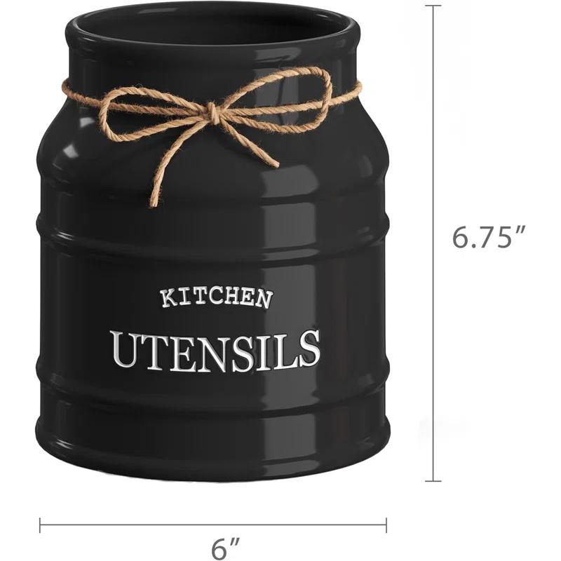 Red Barrel Studio® Ceramic Farmhouse Utensil Holder For Kitchen Counter, Large Rustic Utensil Crock, Countertop Cooking Tool Spatula Organizer, 6.75” (Black)
