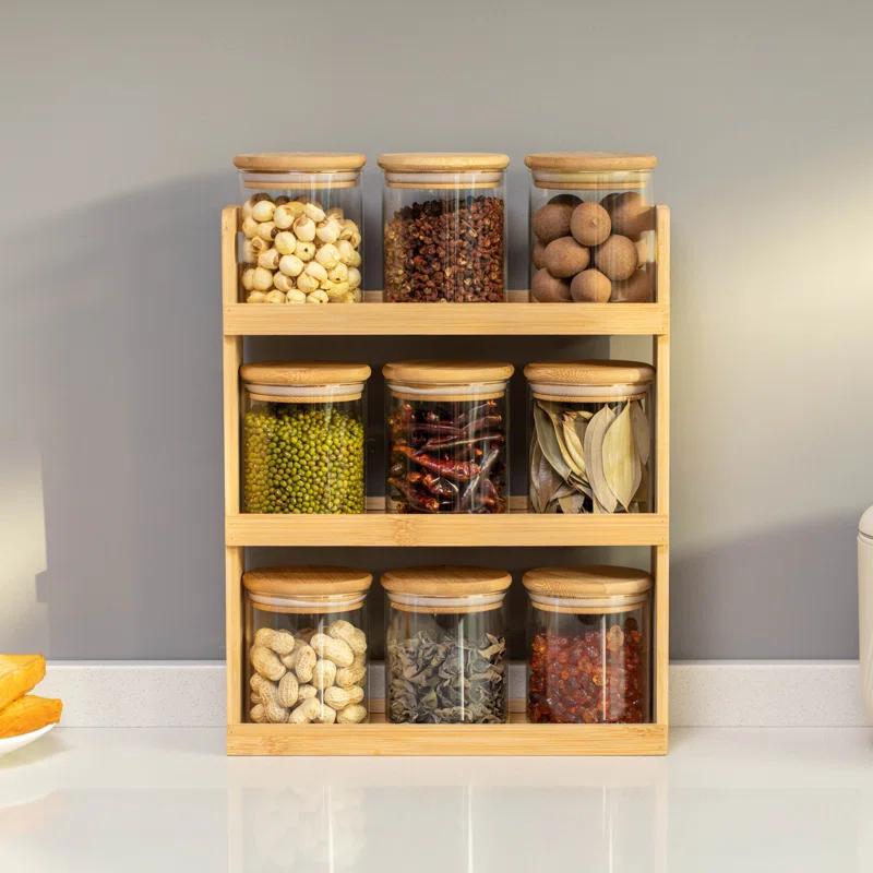 Rebrilliant Rebrilliant Versatile 3-tier Bamboo Spice Rack And Pantry Organizer With 9 Glass Jars – Perfect For Countertop Storage In Kitchens To Keep Seasoning Containers Neatly Displayed And Easily Accessible