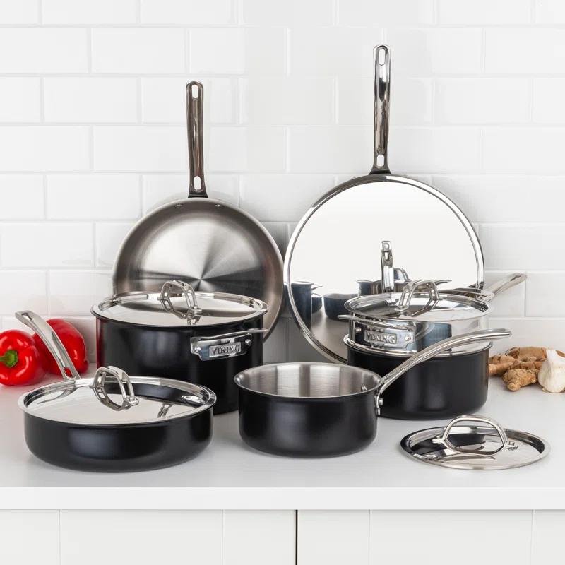 Viking Viking 12pc Cast Black 3-Ply Stainess Steel Cookware Set with Metal Lids