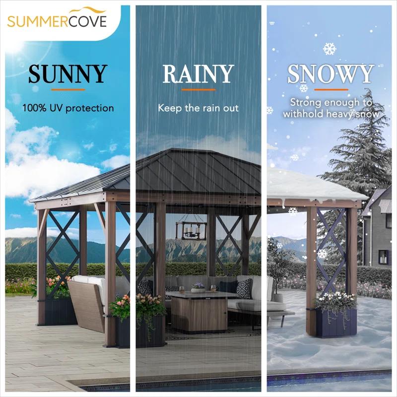 Sunjoy 13 ft. x 15 ft. Hardtop Gazebo, Outdoor Black Steel Roof Gazebo Aluminum Framed Gazebo with Planters and Ceiling Hook for Patio, Garden, and Backyard Activities