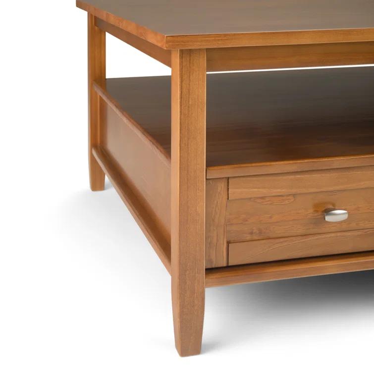 Simpli Home Warm Shaker 36"W Solid Wood Square Coffee Table with Two Drawers and Open Shelf