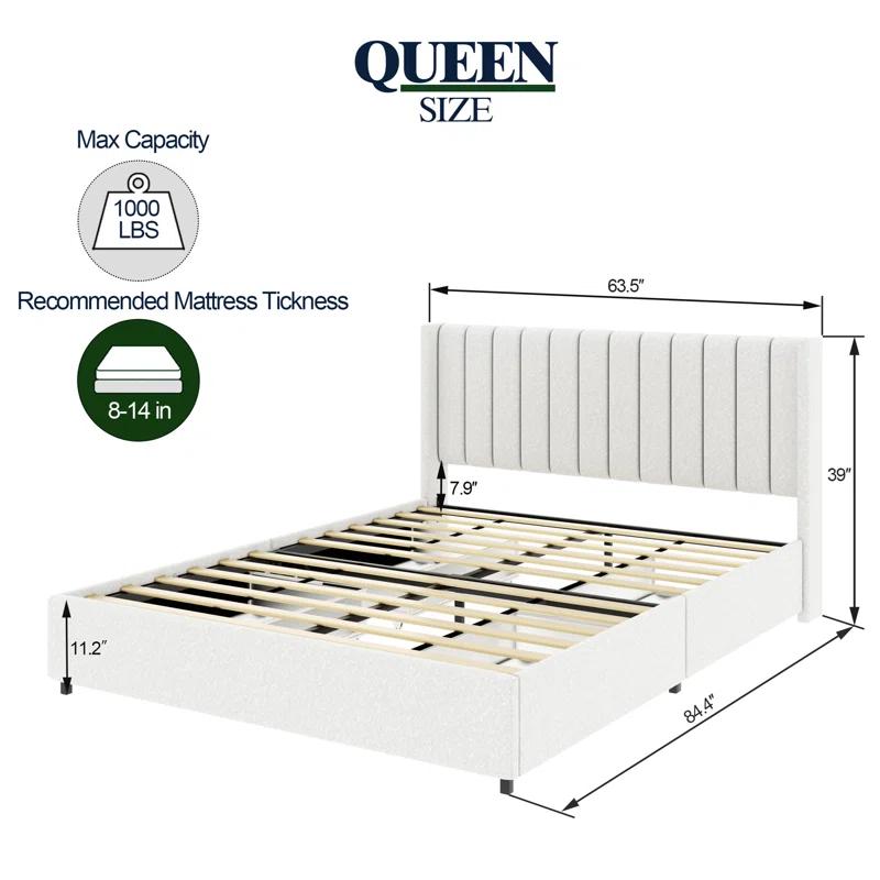 Latitude Run® Queen Size Ivory Boucle Bed Frame, Upholstered Platform Bed With 4 Drawers Storage, Tufted Headboard, Wooden Slat Mattress Support, No Box Spring Needed