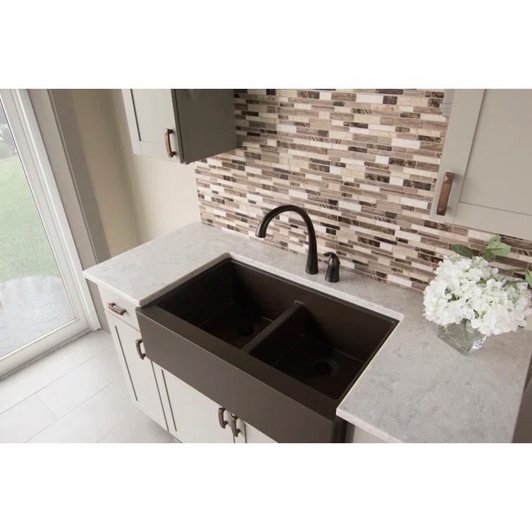Karran Karran Quartz 34'' X 21-1/4'' 50/50 Double Bowl Farmhouse/Apron Front Kitchen Sink Kit QA-750-BR-PK1
