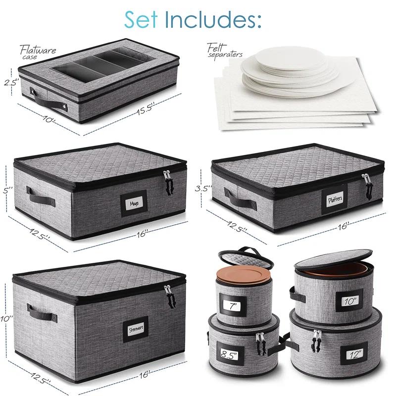 8 Piece Fabric Dinnerware Storage Set with Felt Dividers Included