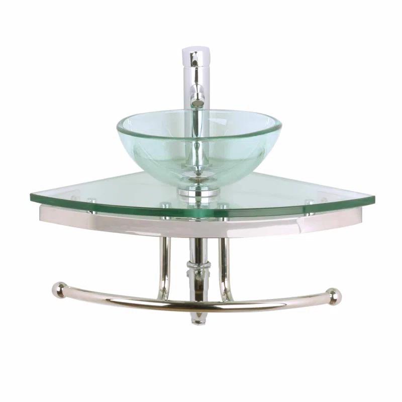 The Renovators Supply Inc. 10889 Round Corner Glass Wall Mount Bathroom Vessel Sink with Chrome Faucet Towel Bar