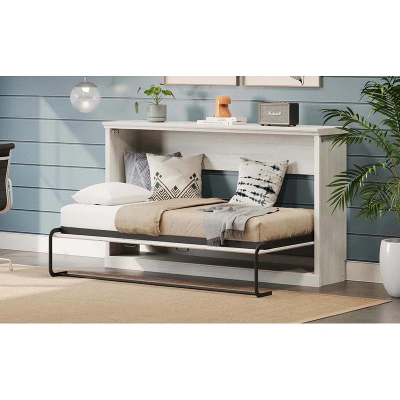 Impact Outdoor Twin Size Horizontal Murphy Bed, Hideaway Wall Bed, Folding Into Cabinet, Space Saving Furniture For Multipurpose Guest Room, Home Office, Rustic White