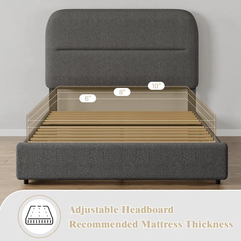 Manfred Boucle Upholstered Cloud Bed Frame with Rounded Corners Headboard, Soft Platform Bed Frame with Thickened Footboard