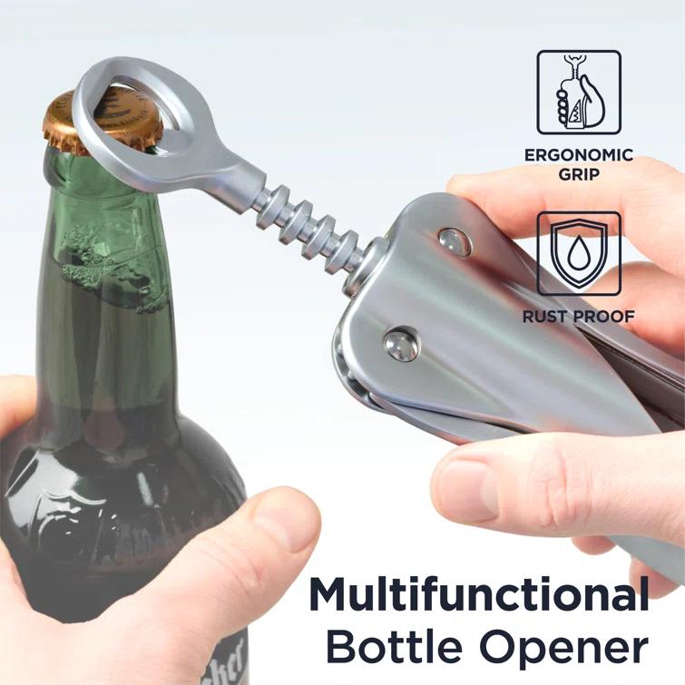 DEISS Deiss Lux Wine Opener, All-metal Wing Corkscrew Wine Bottle Opener With Built-in Beer Bottle Opener - Ergonomic Cork Screw Wine Corker, Silver Matte Coating, Velvet Storage Pouch, Perfect Wine Gift