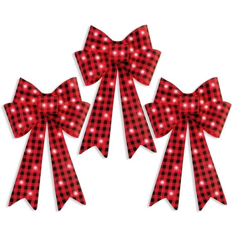 The Holiday Aisle® Set Of 3 Pre-Lit Christmas Bows, Indoor/Outdoor LED Holiday Decor W/ 8 Light Functions - Plaid