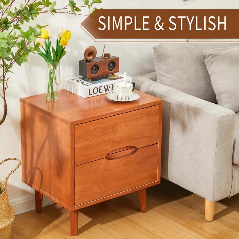 LuxursKingQYW Mid Century Modern Grooved Handle Wood Nightstands Side Table Bedroom Storage Drawer