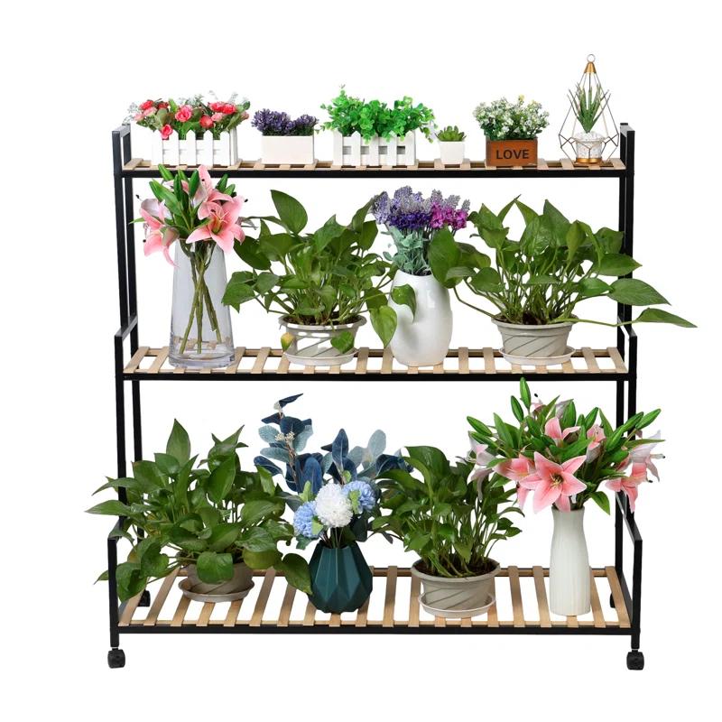 17 Stories Rustic Plant Stand with Wheels,Metal Plant Rack with Solid Wood,3 Tier Ladder Plant Flower Shelf