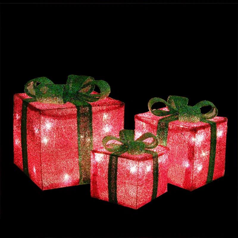 Northlight Seasonal Set of 3 Lighted Red and Green Tinsel Gift Boxes with Bows Christmas Outdoor Decorations 10"