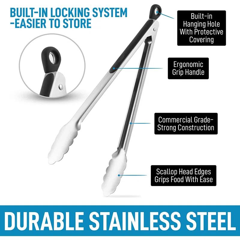 Zulay Kitchen Zulay Stainless Steel Tongs For Cooking - Scallop Head Edge Kitchen Tongs - Easy Grip BBQ Grill Tongs With Lock