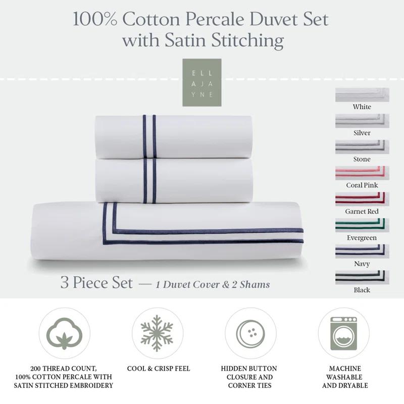 Ella Jayne Home Ella Jayne Cotton Duvet Cover with Satin Satin Stitching 3-Piece Set, White with White Satin Stitching
