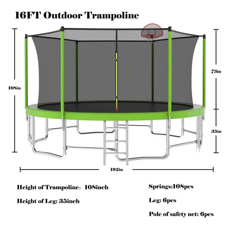 Ceballos 16FT Trampoline With Balance Bar  And  Basketball Hoop And Ball, ASTM Approved Reinforced Type Outdoor Trampoline With Enclosure Net