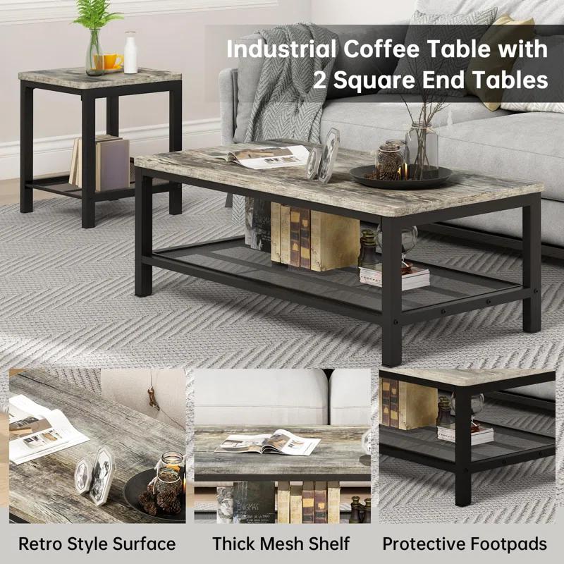 17 Stories Industrial Metal Frame  3 - Piece Living Room Table Set With Two Side Table