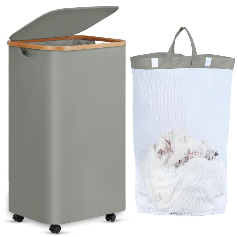 Hokku Designs Laundry Basket On Wheels With Lid And Removable Bag, Grey