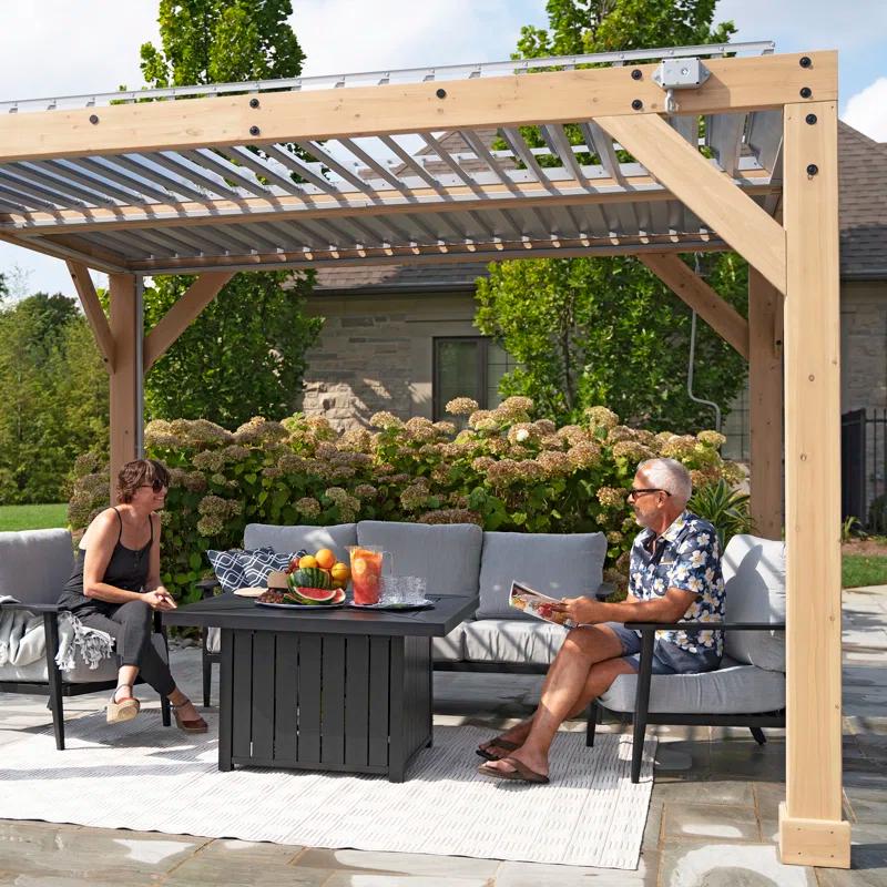Yardistry 10' x 12' Meridian Louvered Pergola  Premium Cedar Wood Structure with Adjustable Aluminum Louvers and Built-In Gutter System for Outdoor Shade and Rain Protection