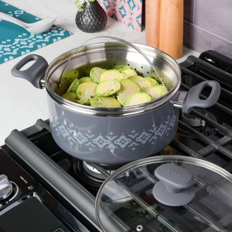 Spice by Tia Mowry Spice By Tia Mowry Savory Saffron Nonstick Ceramic Dutch Oven With Stainless Steel Steamer, 5-Quart, Charcoal, Enamel Exterior, Stay-Cool Handles