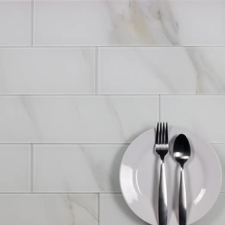 Abolos Nature 4 in. x 16 in. Marble Look Glass Straight Edge Large Format Subway Decorative Kitchen & Bathroom Wall Tile