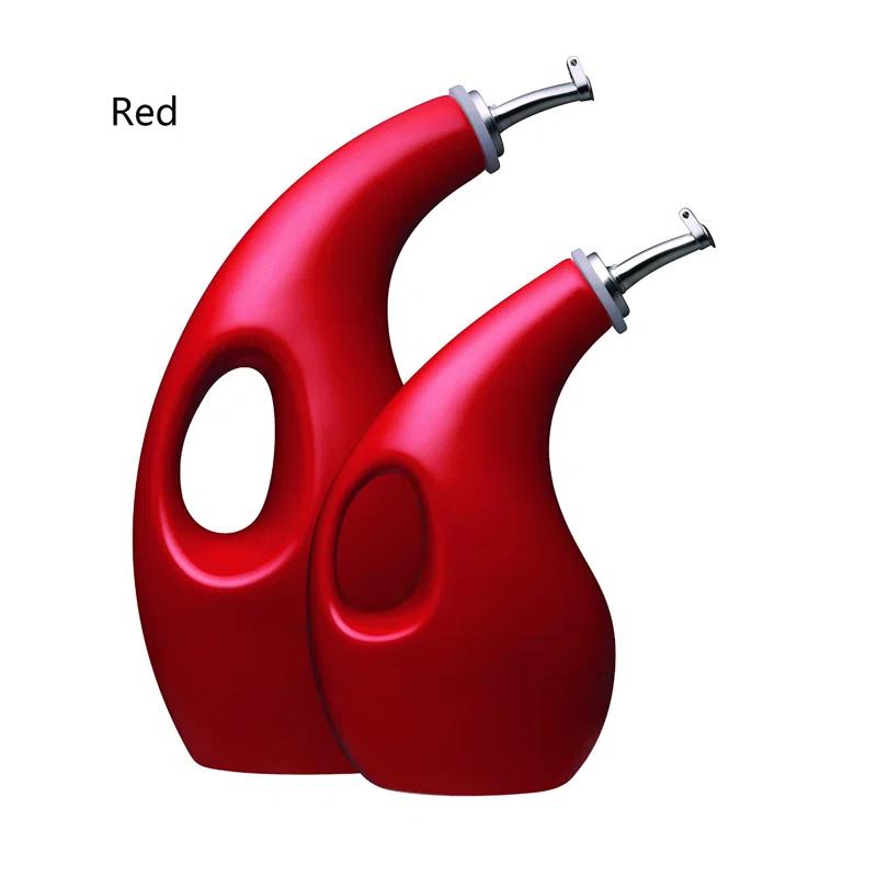 Red Ceramic Oil and Vinegar Dispensing Bottle Set with Spouts