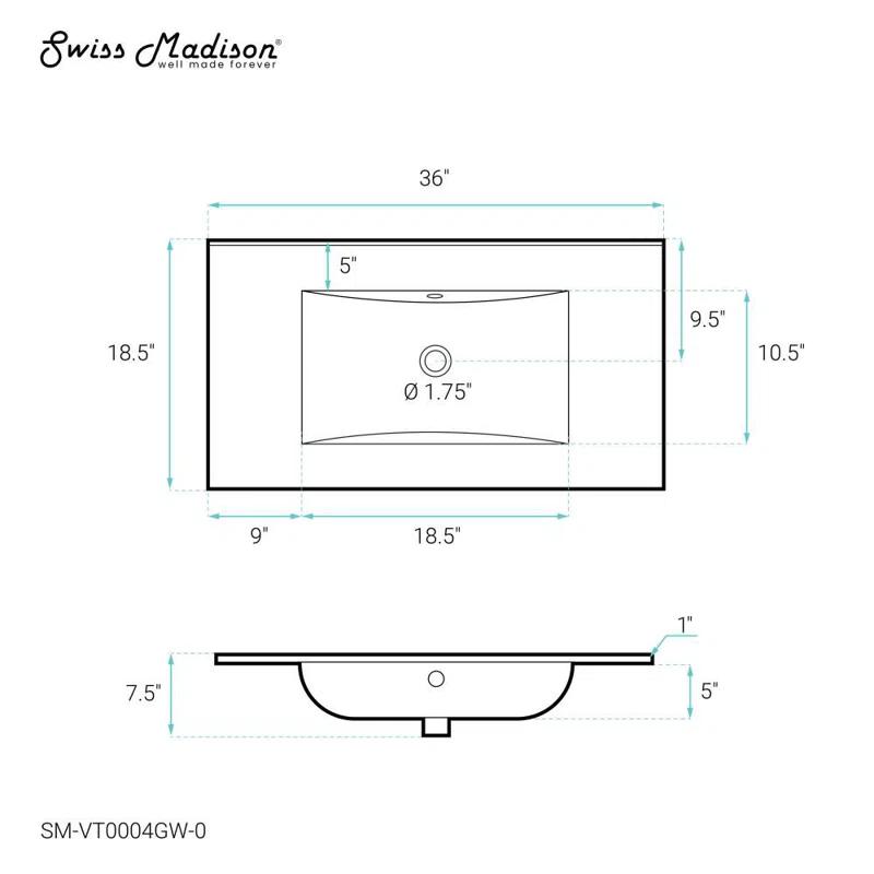 Swiss Madison 36" Zero Hole Vanity Sink Top In Glossy White