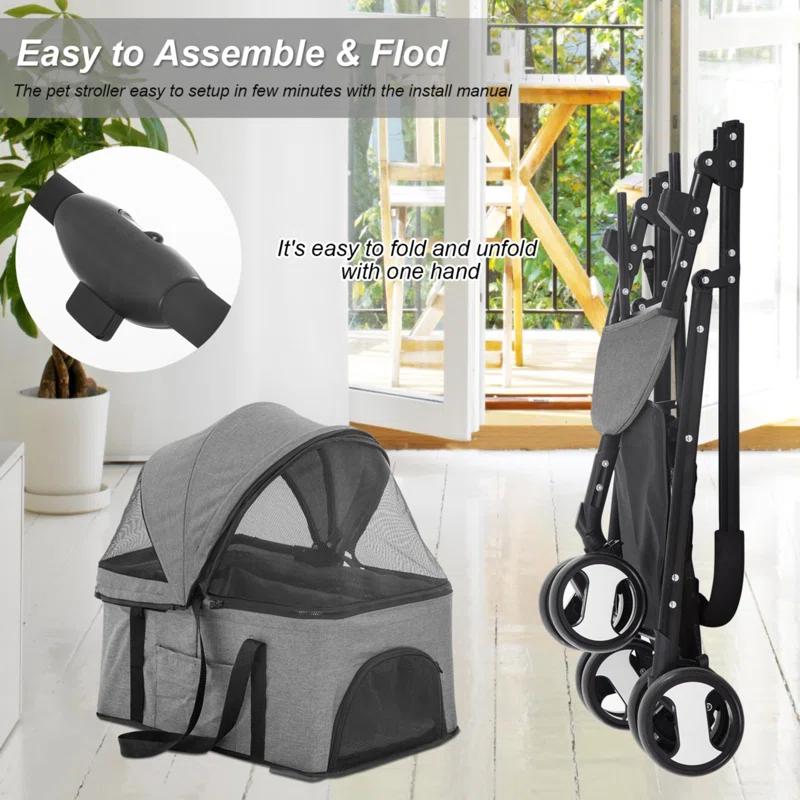 Foldable Pet Stroller with Detachable Carrier