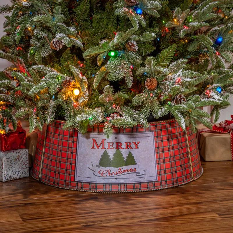 Gerson International Galvanized Metal Merry Christmas Buffalo Plaid Tree Collar