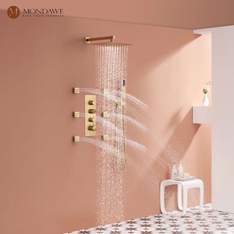 3 Functions Wall Mount Thermostatic Complete Shower System with 6 Body Jets, Rough-in Valve