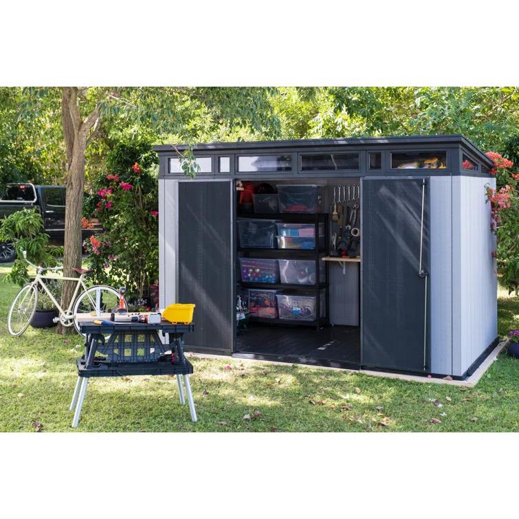 Keter Keter Artisan 11x7 ft. Modern Durable Resin Outdoor Storage Shed With Floor and Double Doors for Garden Patio Furniture and Tools, Grey