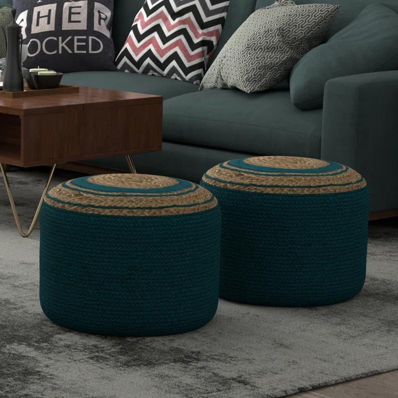 Simpli Home Serena 18"W Handcrafted Jute and Cotton Round Braided Pouf