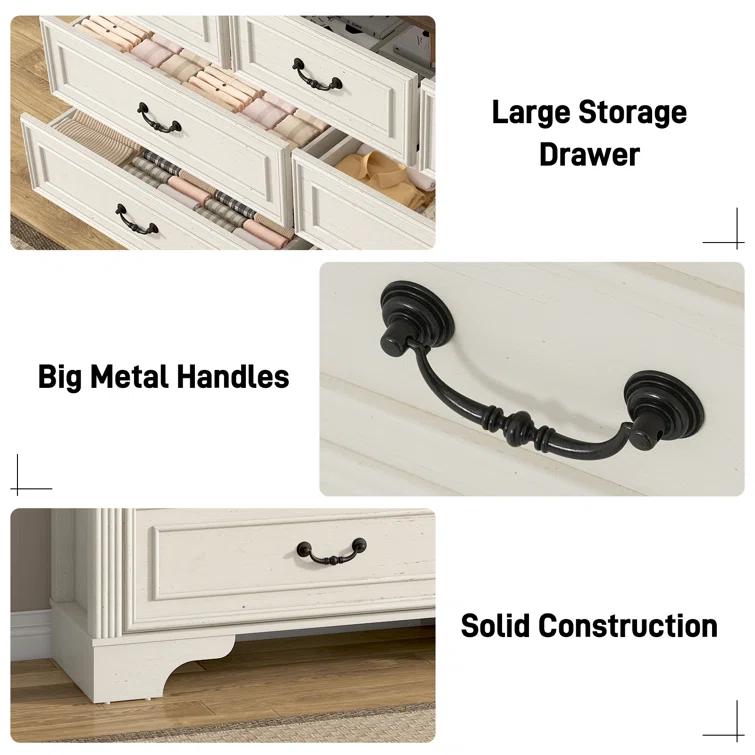 Charlton Home® 59" Farmhouse Dresser With 7 Spacious Drawers – Rustic Wooden Storage Cabinet For Bedroom, Living Room, Or Entryway