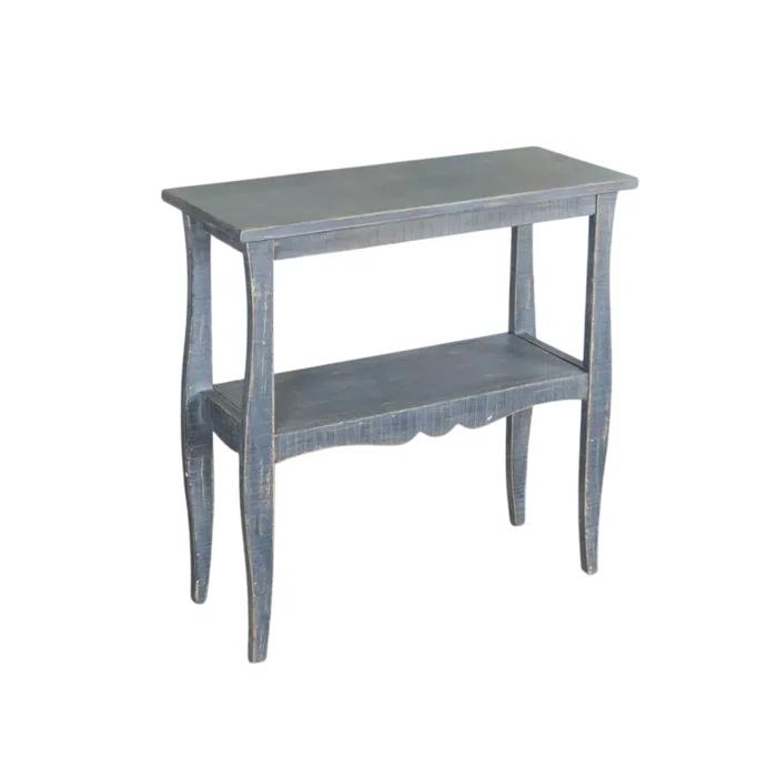 Benjara Rena Side End Table, Scallop Trim, 28 Inch Distressed Blue Mahogany