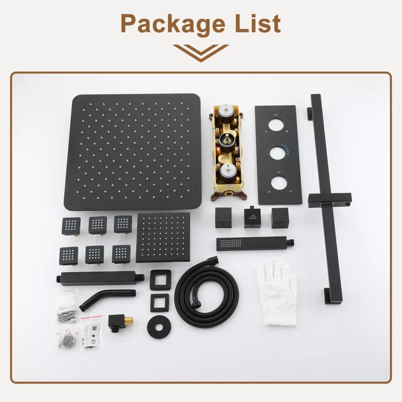 CASAINC Rainfall Symphony 16inch Dual Shower Head Rainfall Thermostatic Shower System with 16-inch Slide Bar and Body spray KCHS0019-16MB