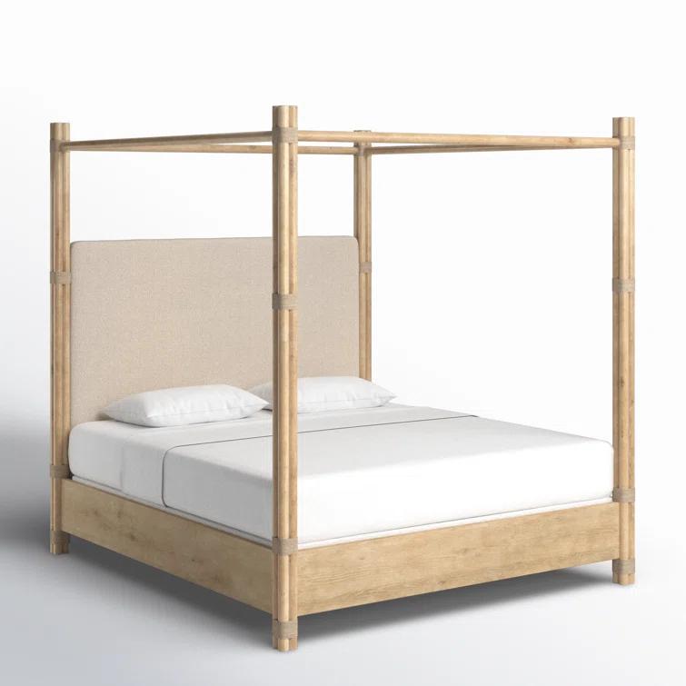 King Beige Upholstered Canopy Bed with Oak Frame