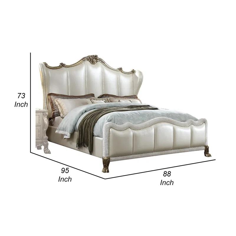 Benjara Ally Bed, White Faux Leather Victorian Carved, White And Silver