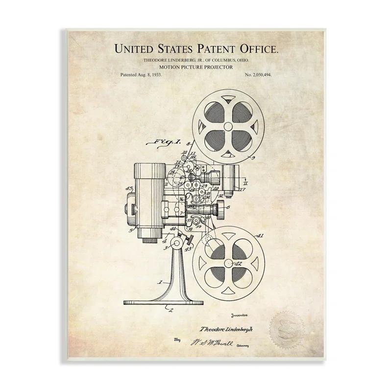 Stupell Industries " Motion Picture Projector Patent Design Blueprint Diagram " by Karl Hronek