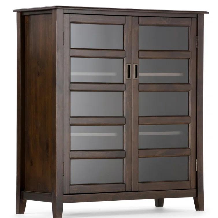 Simpli Home Burlington 40"W Solid Wood 4-Shelf Medium Storage Cabinet with Tempered Glass Doors and Adjustable Shelves