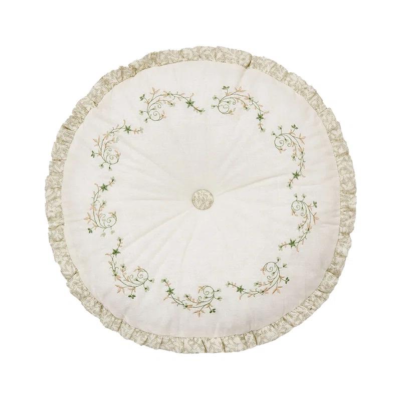 Modern Heirloom Harper Green Floral Embroidered Round Pillow
