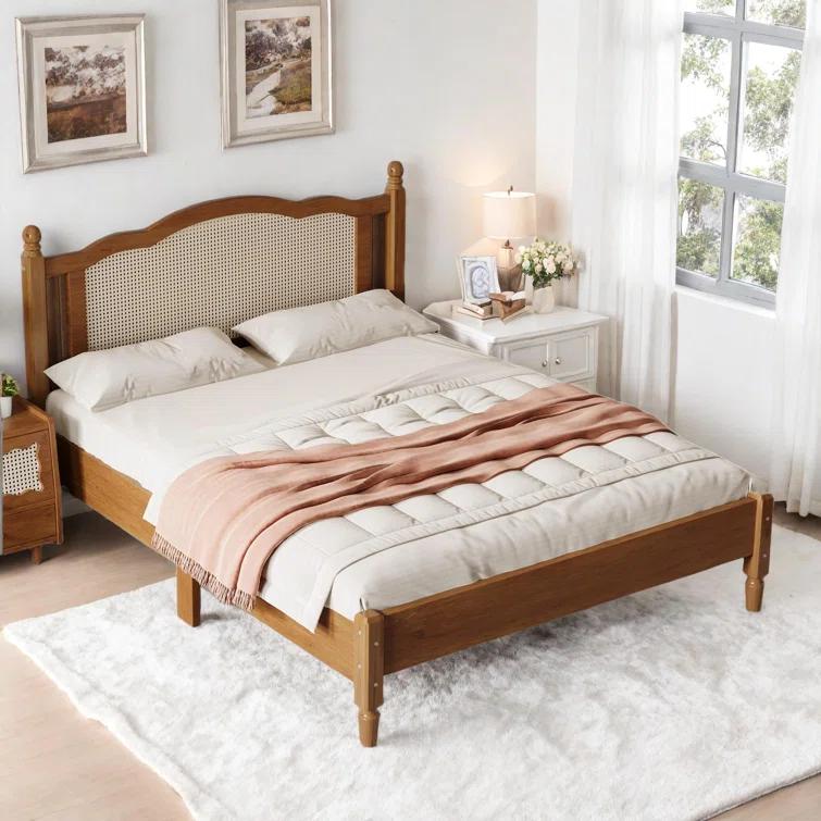 Velvetvanguards Bohemian Wooden Platform Bed With Natural Rattan Headboard And Arc Design