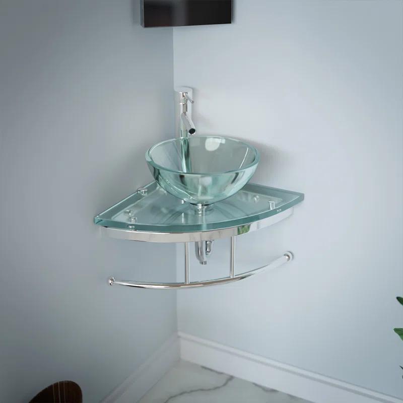 The Renovators Supply Inc. 10889 Round Corner Glass Wall Mount Bathroom Vessel Sink with Chrome Faucet Towel Bar
