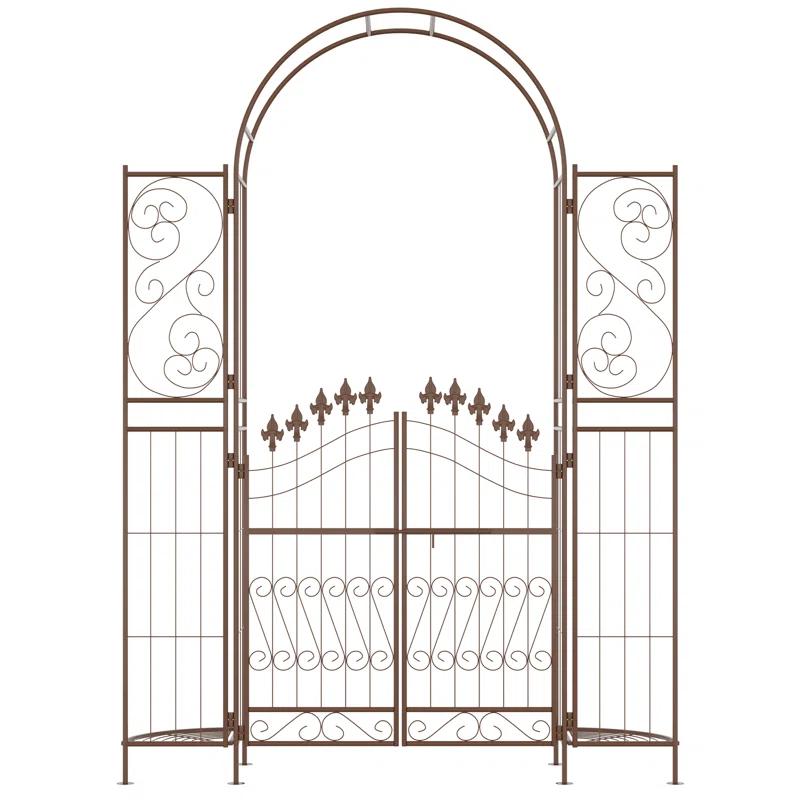 Outsunny 54.25'' W x 15.25'' D Metal Arbor with Gate in Brown