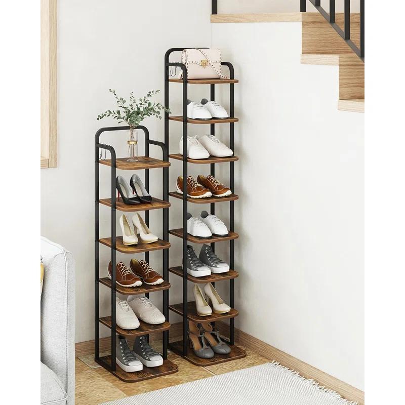 Vertical Shoe Rack, Shoe Shelves, Wood Shoe Organizer For Closet, Entryway, Shoe Tower For Small Spaces, Free Standing, Adjustable, With 2 Hooks, 6 Tier Rustic Brown